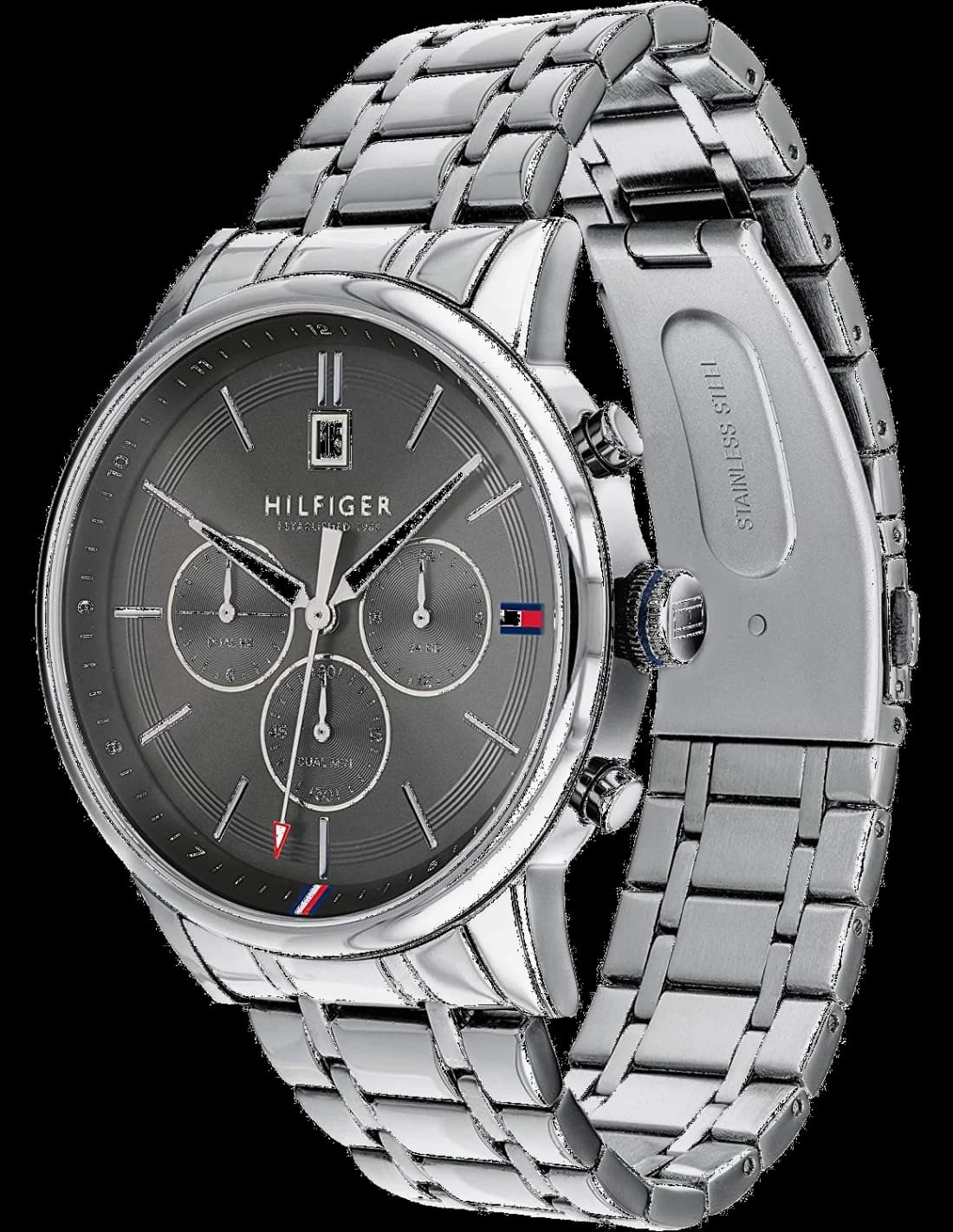 Visage cadran Tommy Hilfiger 1791632 avec compteurs multifonction à 6h, 9h et 12h, aiguilles bâton et index en acier