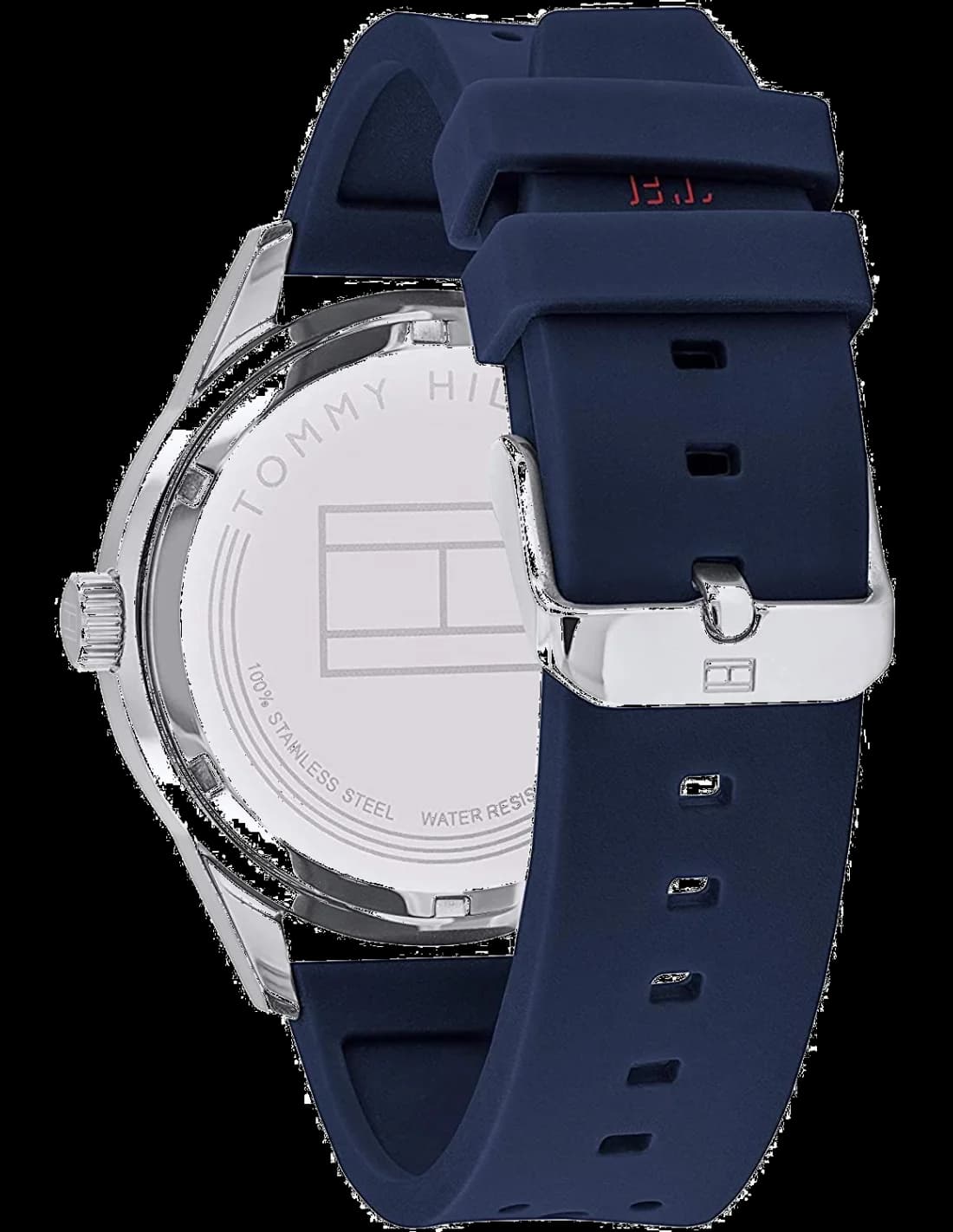 Visage cadran Tommy Hilfiger 1791635 avec index bâton argentés, aiguilles dauphine, date à 3h, finition soleillée bleue