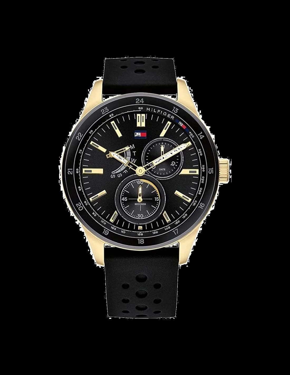 Montre Homme Tommy Hilfiger Riley 1791636 - Boîtier Or, Cadran Noir Multifonction, Bracelet Noir