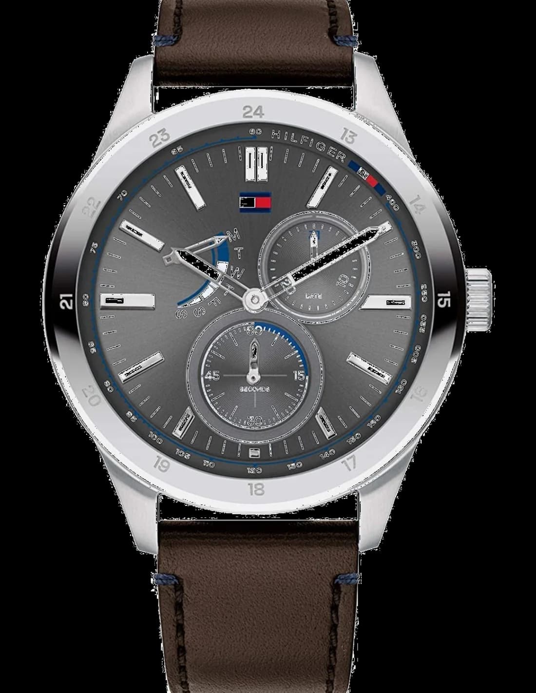 Montre Homme Tommy Hilfiger Réf. 1791637 - Cadran Bleu, Boîtier Acier, Bracelet Cuir Marron