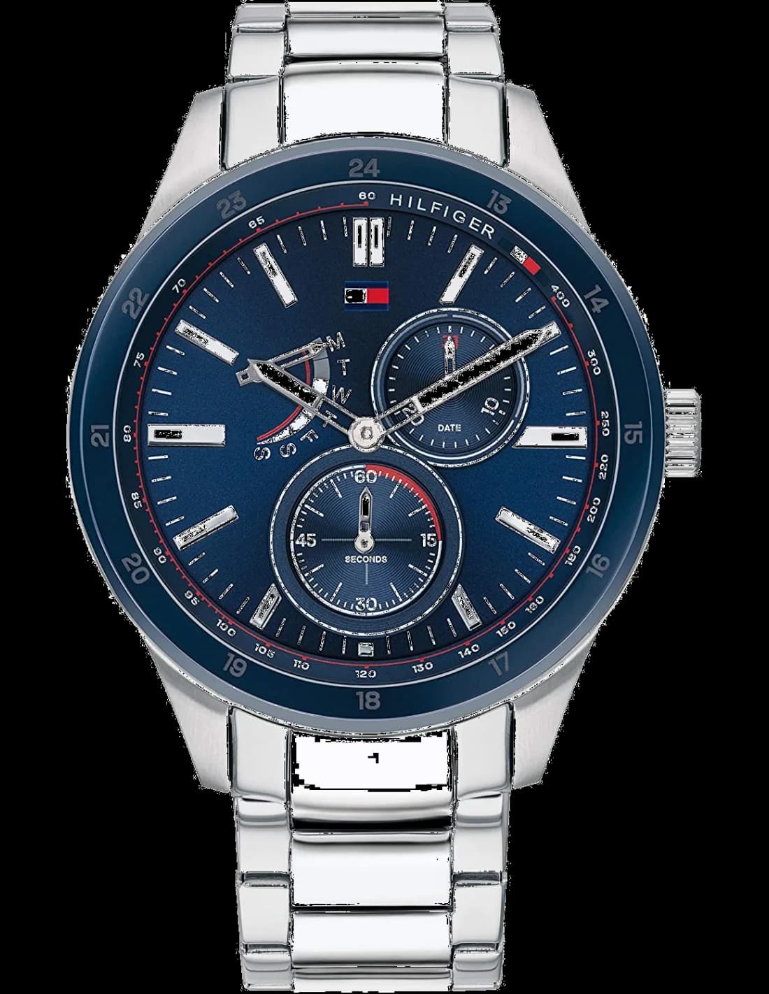 Garde-temps Tommy Hilfiger 1791640 avec cadran bleu soleillé et index appliqués sur fond bleu