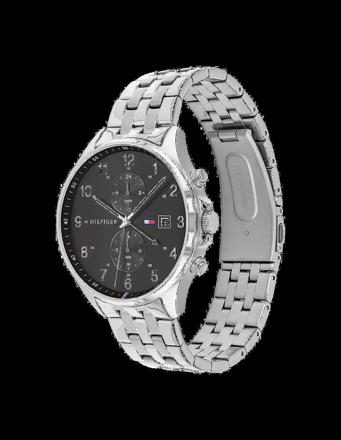 Visage cadran Tommy Hilfiger 1791707 avec index appliques argentés, aiguilles facettées, compteurs chronographe 60s 30min 24h, date