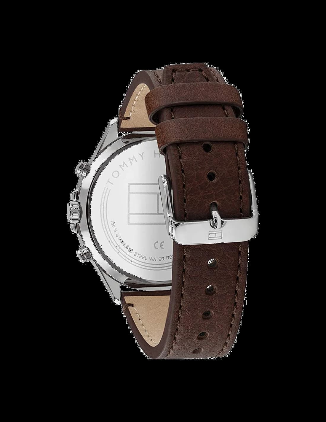 Attache bracelet Tommy Hilfiger 1791712 en cuir marron avec coutures contrastantes et boucle ardillon dorée pour un maintien sûr
