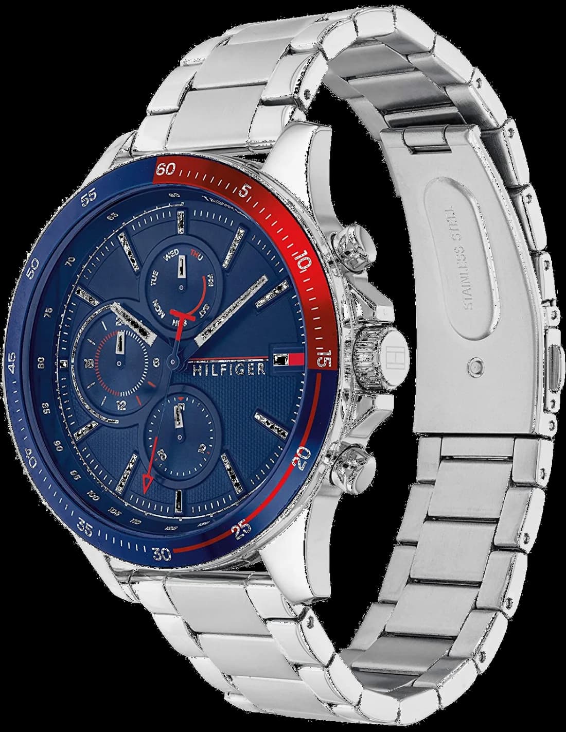 Visage cadran Tommy Hilfiger 1791718 avec aiguilles luminescentes, guichet date à 4h30 et trois sous-cadrans chronographe