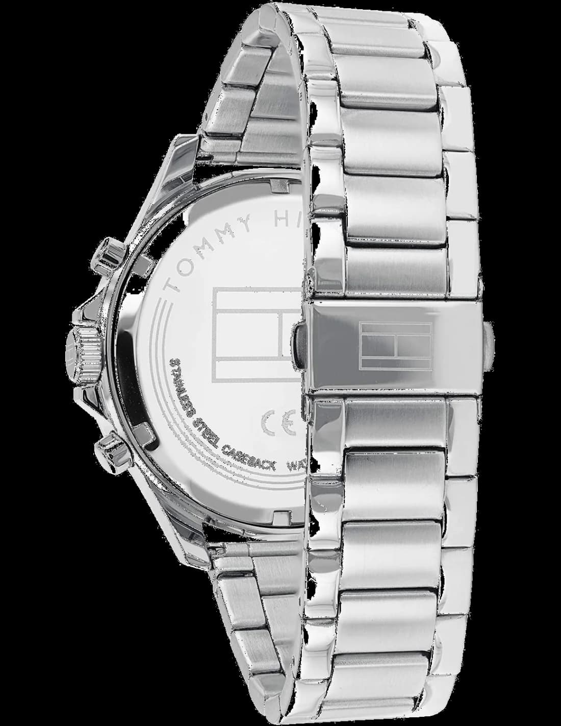 Attache bracelet Tommy Hilfiger 1791718 en acier bicolore or et acier, fermoir déployant ajustable, maille milanaise