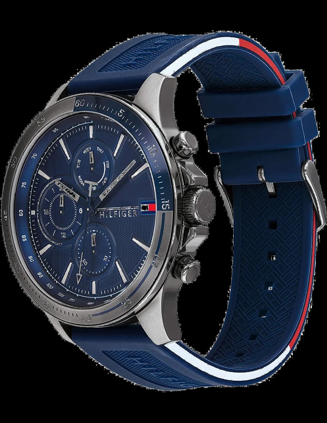 Visage cadran Tommy Hilfiger 1791721 sur fond bleu profond, index appliqués et date à 3h, lisibilité optimale