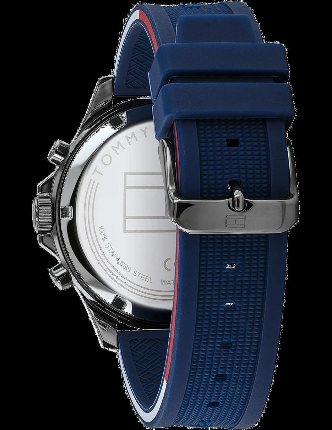 Attache bracelet Tommy Hilfiger 1791721 en silicone bleu avec boucle ardillon en acier doré, ajustable et confortable