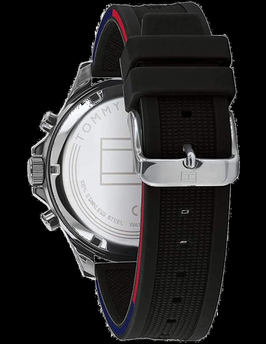 Visage cadran Tommy Hilfiger 1791724 détaillant les aiguilles luminescentes, index appliqués et guichet date à 4h30 sur fond noir