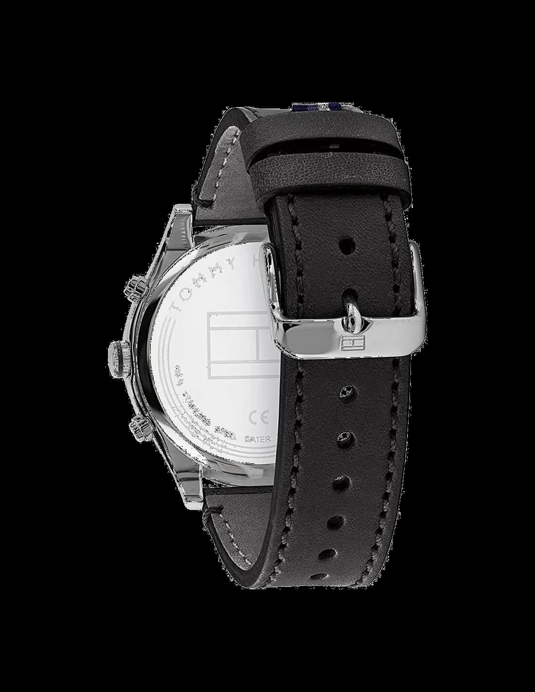 Visage cadran Tommy Hilfiger 1791740 avec index bâton argentés, aiguilles dauphine, guichet date à 3h sur fond bleu mat