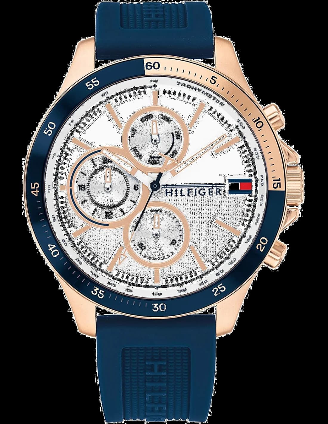 Montre Homme Tommy Hilfiger 1791778 Bank - Cadran Argent, Boîtier Or Rose, Bracelet Silicone Bleu