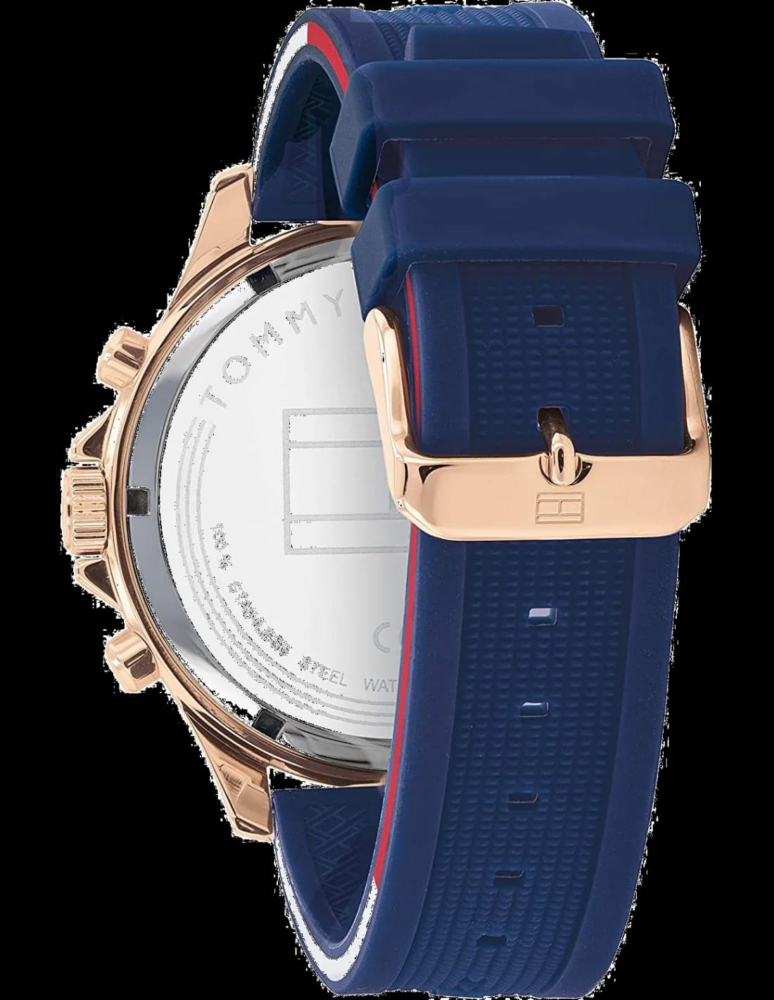 Attache bracelet Tommy Hilfiger 1791778 en silicone bleu signé, boucle ardillon gravée du logo TH