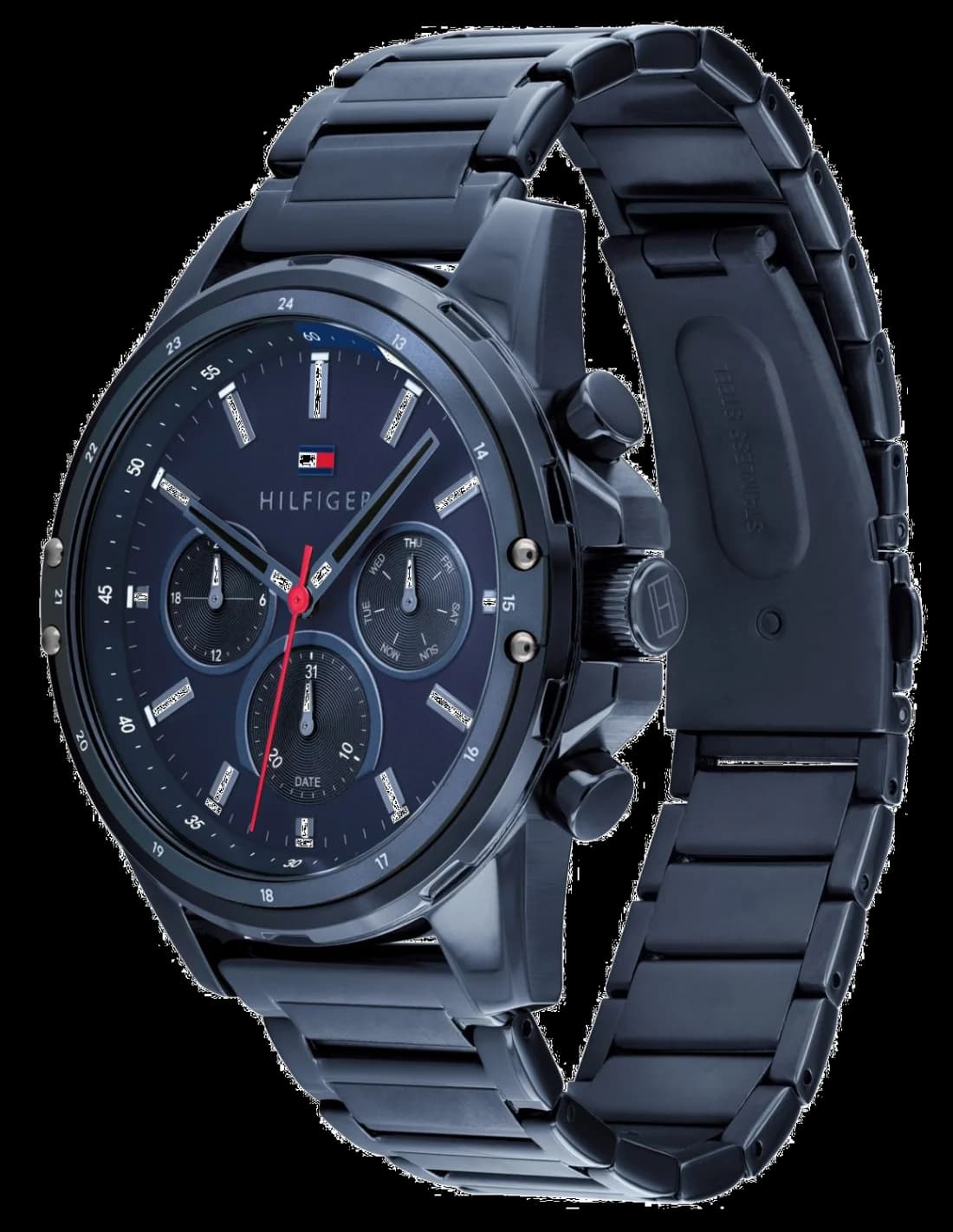 Visage cadran Tommy Hilfiger 1791789 affiche compteurs chronographe, guichet date à 3h et index bâton polis sur fond bleu
