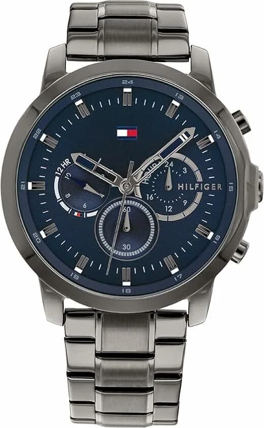 Garde-temps Tommy Hilfiger 1791796 présentant cadran gris texturé, aiguilles bâtons et index appliqués sur fond soleil gris anthracite