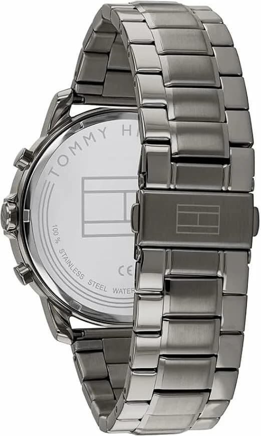 Attache bracelet Tommy Hilfiger 1791796 en acier inoxydable brossé, fermoir déployant triple avec poussoirs, maillons ajustables