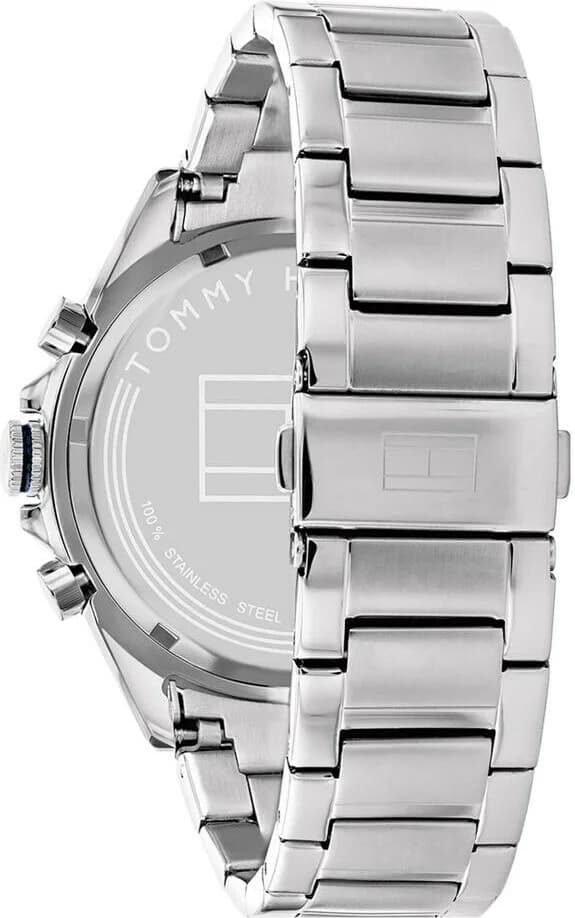 Attache bracelet Tommy Hilfiger 1791968 en acier inoxydable brossé, triple maillons, fermoir déployant à double bouton-poussoir, sécurité