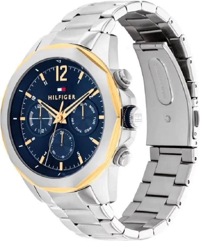 Visage cadran Tommy Hilfiger 1792059 avec index appliques polis, aiguilles luminescentes, guichet date à 3h, finition argentée satinée