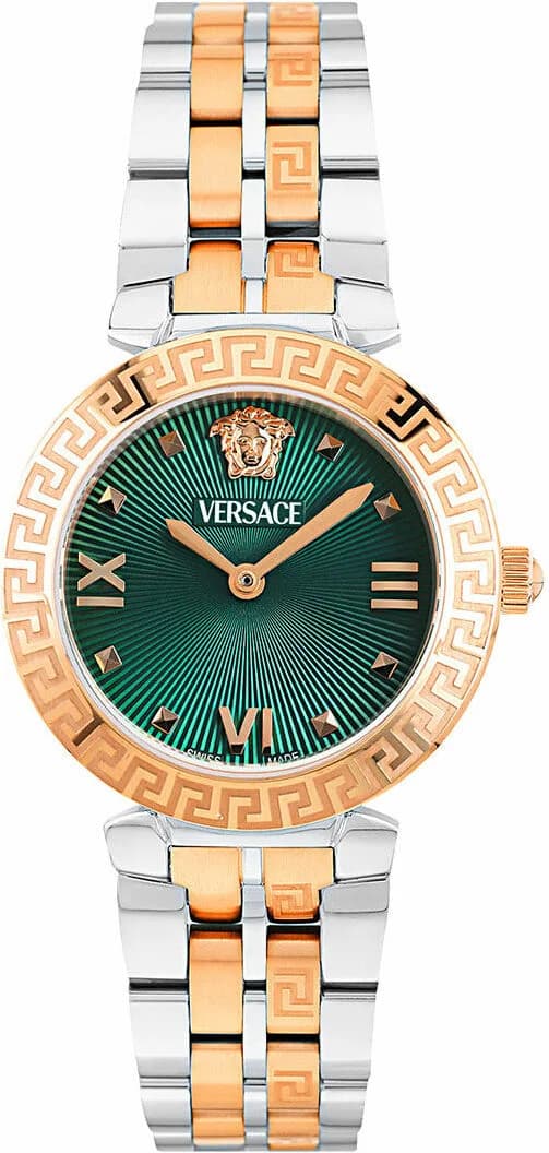 Montre Versace VEOCA0224 pour Femme, Cadran Vert Soleillé, Boîtier Acier Bicolore Argent et Or Rose