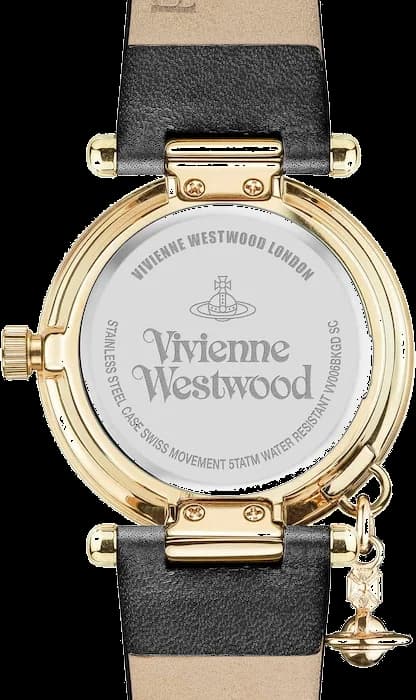 Visage cadran Vivienne Westwood VV006BKGD avec logo Orb décentré, aiguilles dorées style épée et index appliques bâtons