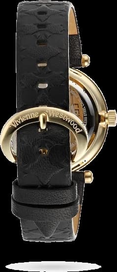Attache bracelet Vivienne Westwood VV006BKGD en cuir noir, coutures contrastées, boucle ardillon dorée gravée du logo