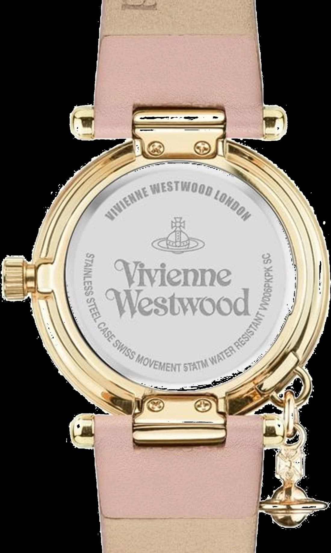 Attache bracelet Vivienne Westwood VV006PKPK cuir rose grainé, fermoir boucle ardillon doré et coutures contrastées