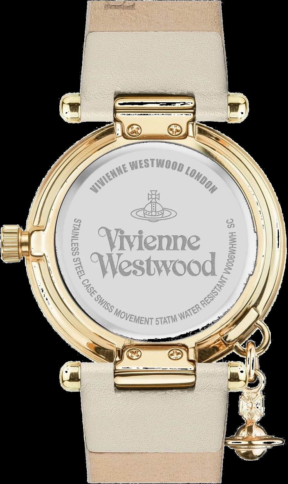 Attache bracelet Vivienne Westwood VV006WHWH en cuir beige cousu main, boucle ardillon dorée siglée orb, souple et raffiné