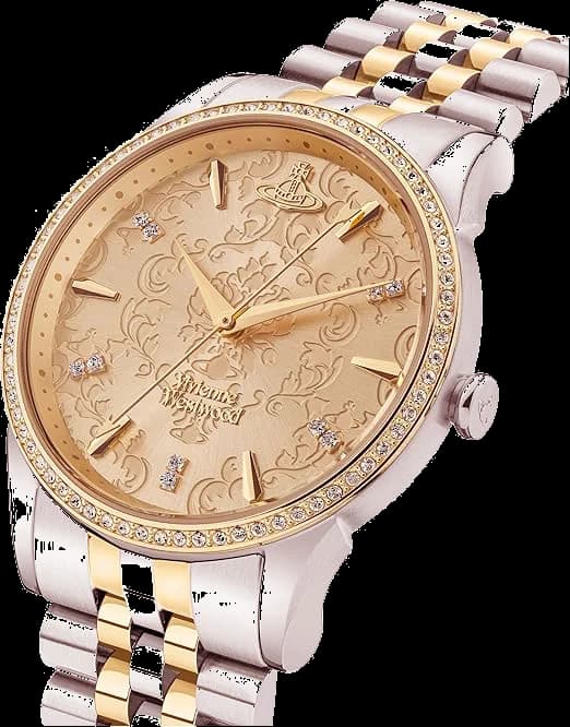Visage cadran Vivienne Westwood VV208CPSG aux index bâtons polis, aiguilles lance, date à 6h, logo gravé