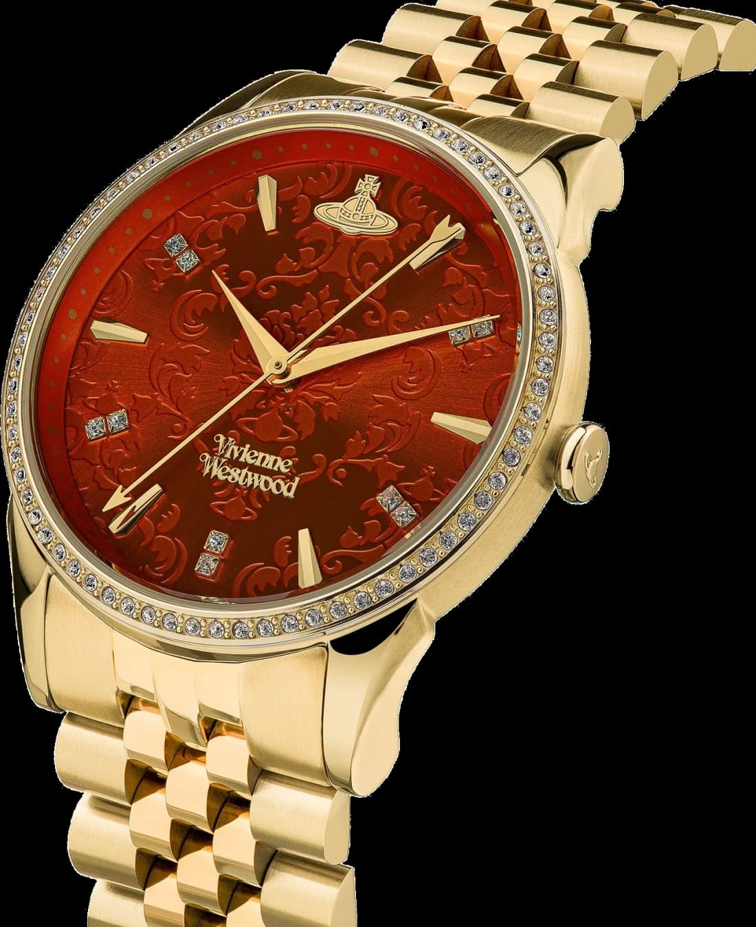 Visage cadran Vivienne Westwood VV208RDGD features faceted gold index markers and date window at 3 o'clock