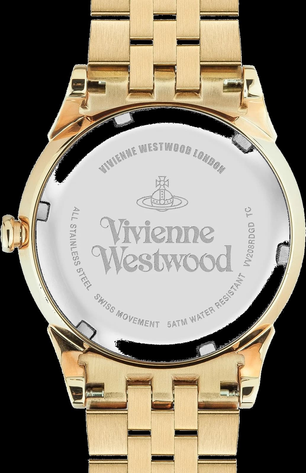Lunette boîtier Vivienne Westwood VV208RDGD showcases round polished bezel and slim profile for elegant wrist fit