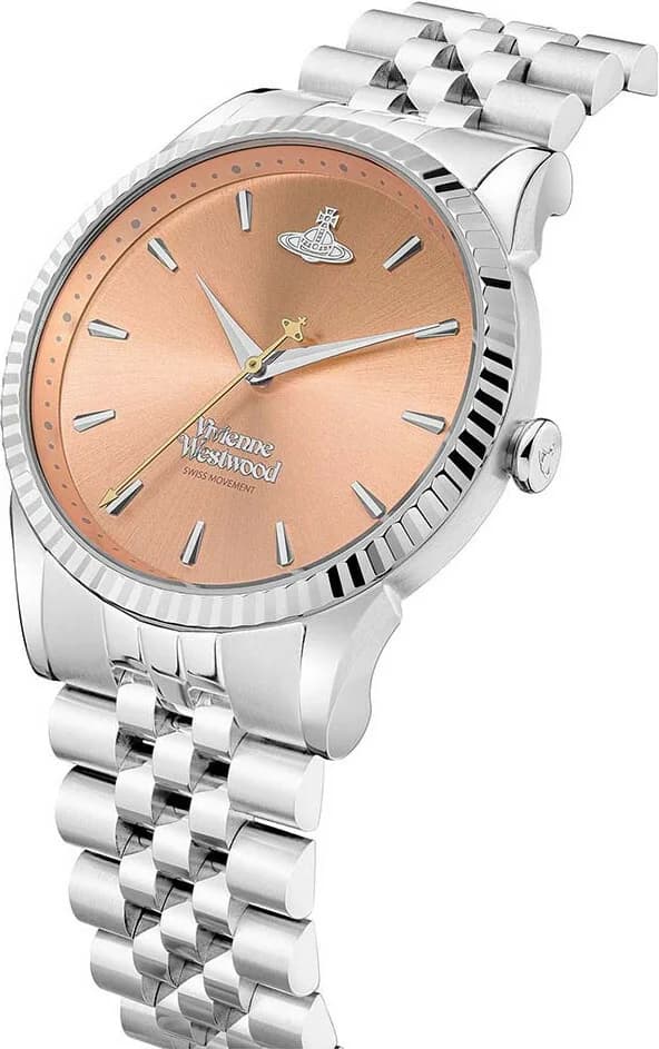 Visage cadran Vivienne Westwood VV240PHSL orange soleillé avec aiguilles dorées et logo gravé à 12h