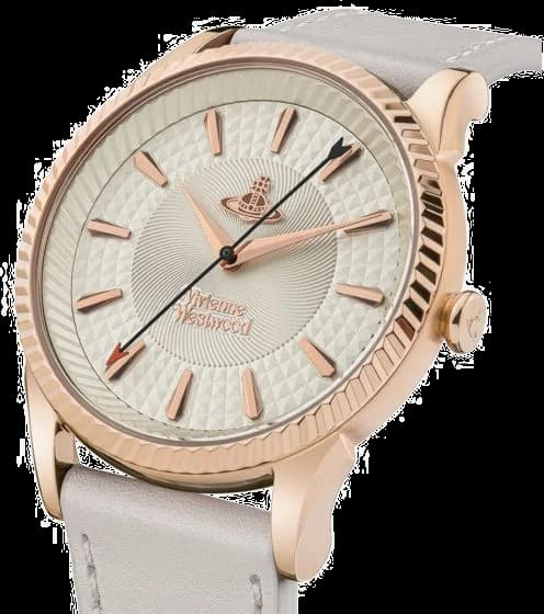 Visage cadran Vivienne Westwood VV240RSWH présente index bâtons dorés, aiguilles dorées et logo emblématique à 12h