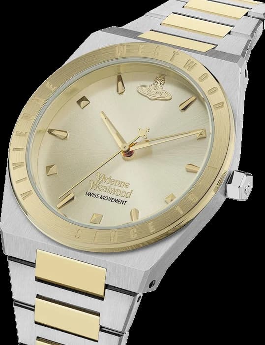 Visage cadran Vivienne Westwood VV244CPSG doré à index bâtons et aiguilles dauphine, date à 3h