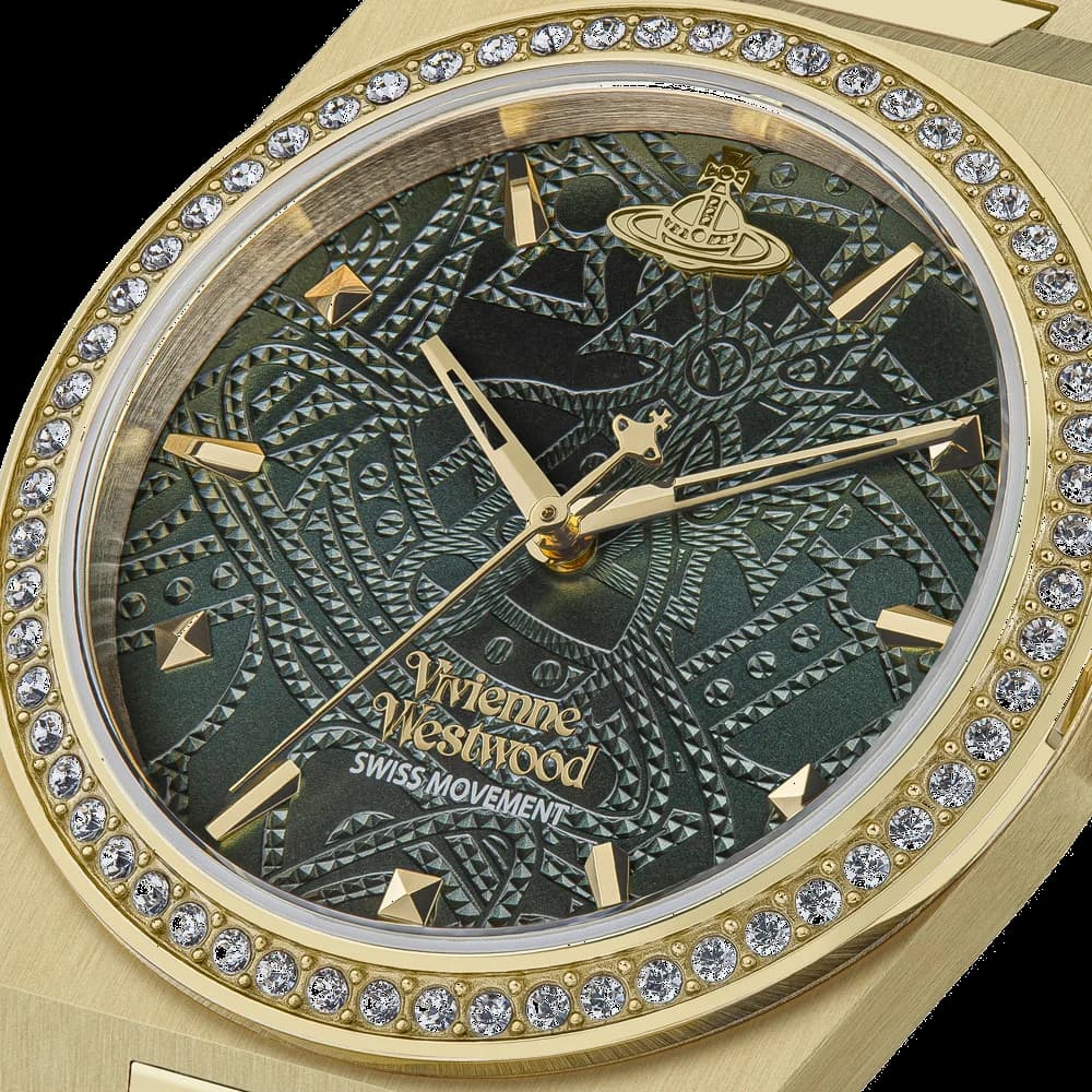Visage cadran Vivienne Westwood VV244GDGR dévoile finition soleillée verte, aiguilles dauphine dorées et logo emblématique à 12h