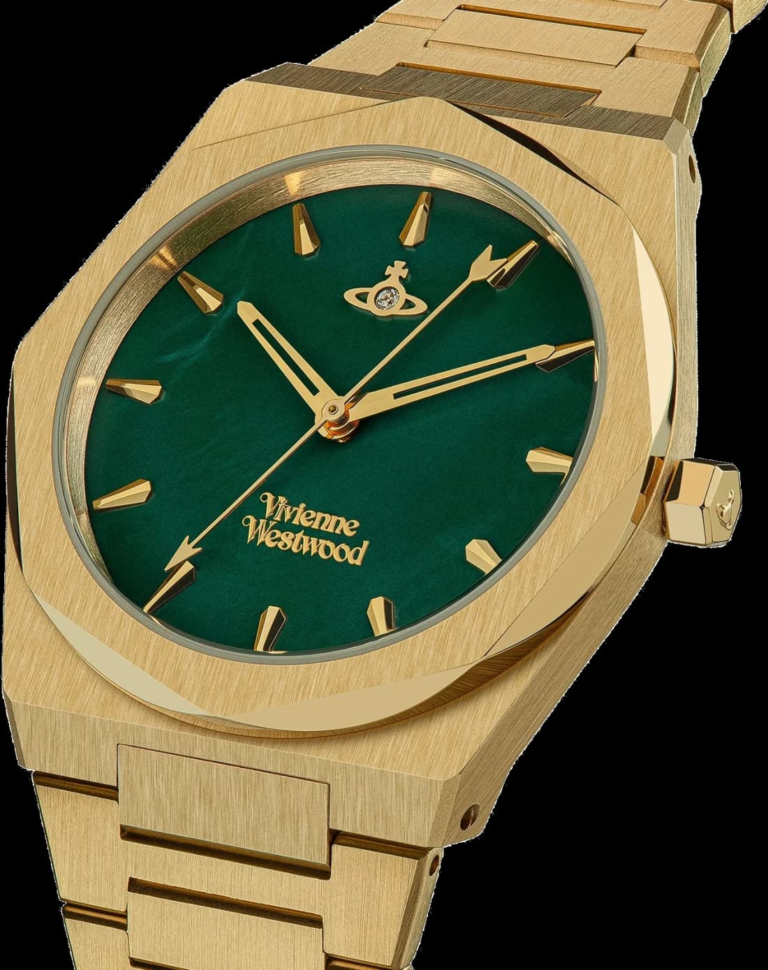Visage cadran Vivienne Westwood VV244GRGD avec finition soleillée verte, aiguilles dorées et index appliqués, lisibilité parfaite