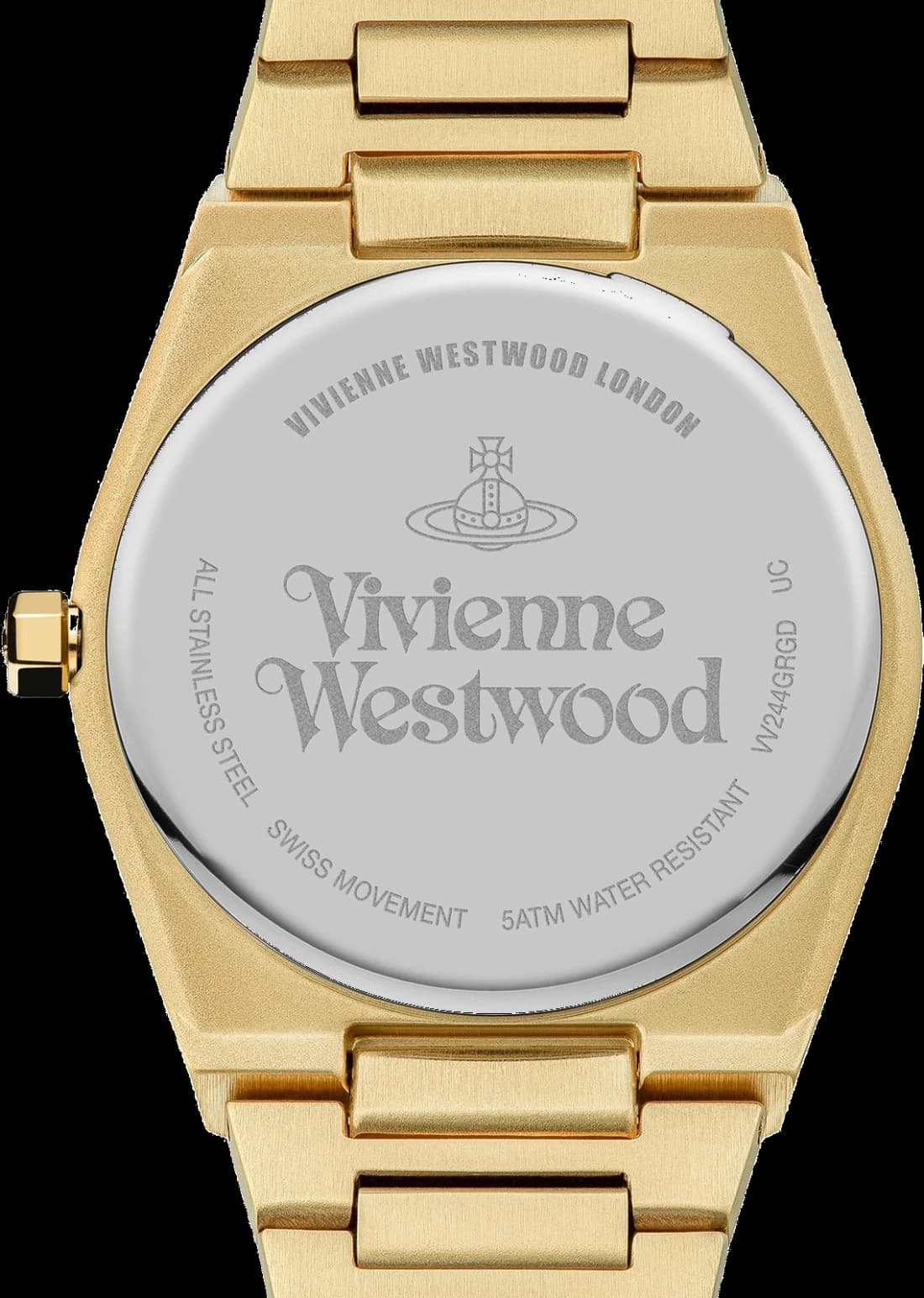 Lunette boîtier Vivienne Westwood VV244GRGD en acier doré poli, lunette lisse et profil fin, étanche 50m, design Art déco