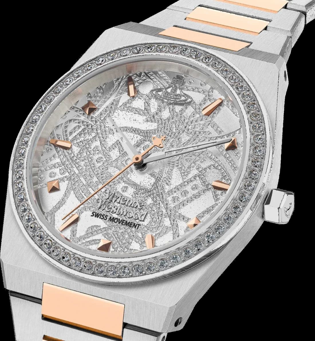 Visage cadran Vivienne Westwood VV244WSSR orné d'index bâtons dorés et aiguilles dauphine, complication date à 3h