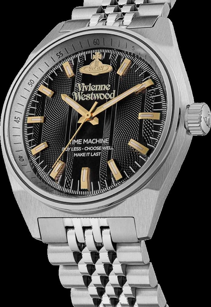 Visage cadran Vivienne Westwood VV251BKSL noir texturé, aiguilles dauphine argent, logo Orbital gravé à 12h, lisibilité optimale