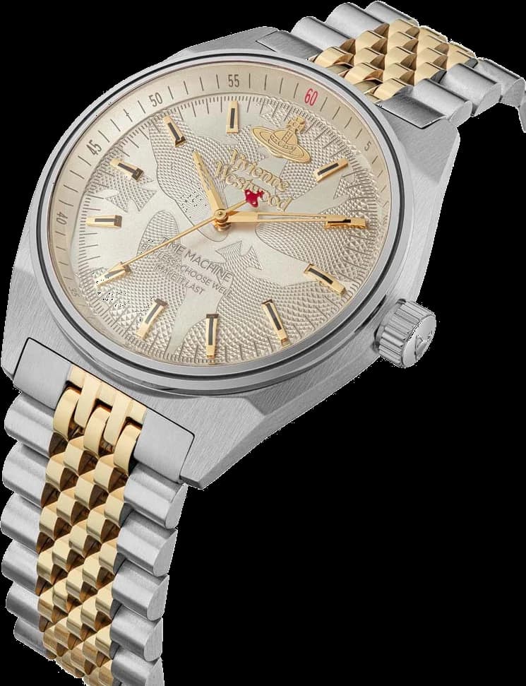 Visage cadran Vivienne Westwood VV251WGSG avec aiguilles dauphine polies et date à 3h, fond guilloché