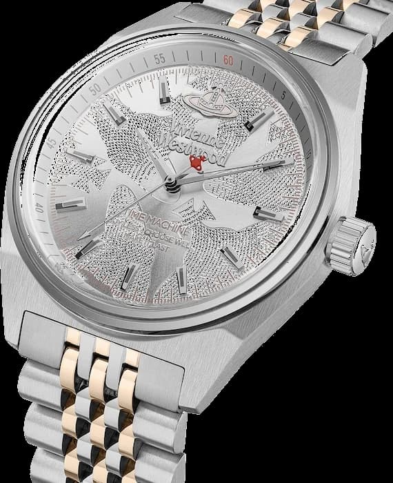 Visage cadran Vivienne Westwood VV251WSSR avec aiguilles dorées, index appliques et guichet date à 3h