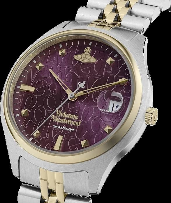 Visage cadran Vivienne Westwood VV261BYSG index appliques ornés du logo orbite, aiguilles facettées pour lisibilité optimale
