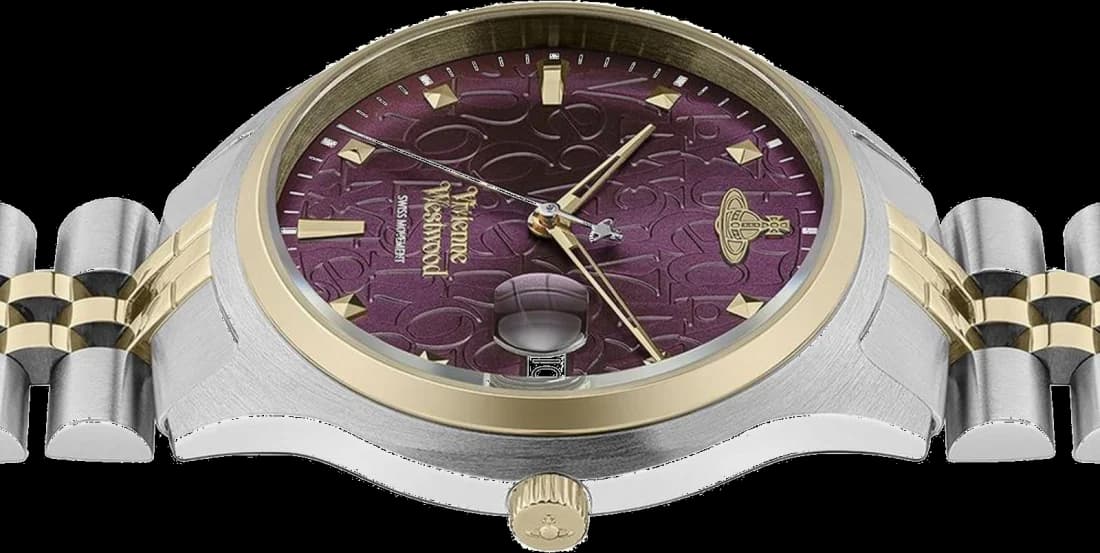 Lunette boîtier Vivienne Westwood VV261BYSG ronde en acier bicolore 30mm, couronne gravée, verre saphir antireflet