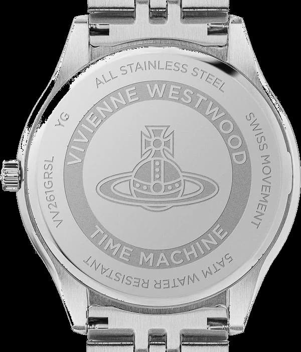 Visage cadran Vivienne Westwood VV261GRSL avec index bâtons appliqués, aiguilles facettées et guichet date à 3h
