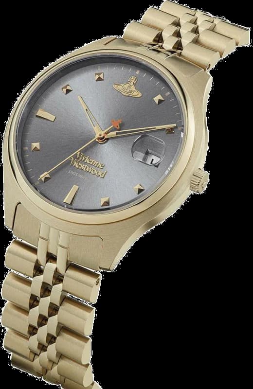 Visage cadran Vivienne Westwood VV261GYGD aux index bâtons dorés et aiguilles facettées, finition satinée