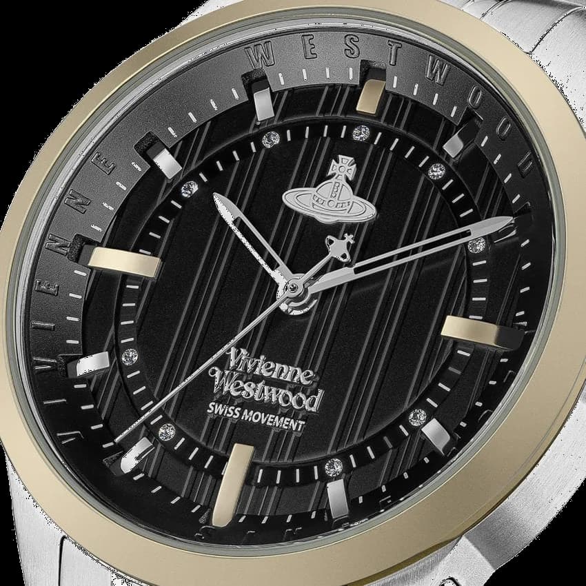 Visage cadran Vivienne Westwood VV262BKSG noir mat aux index appliqués dorés, aiguilles dauphine, guichet date à 3h, esthétique iconique