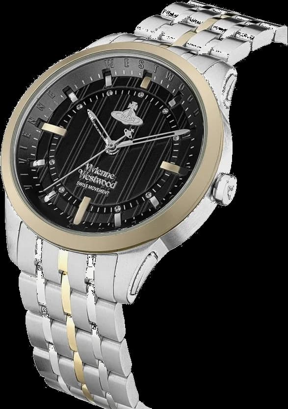 Attache bracelet Vivienne Westwood VV262BKSG bicolore acier inoxydable et or, maillons milanais, fermoir déployante signé, confort ajustable