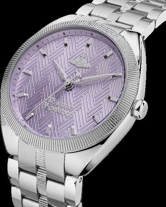 Visage cadran Vivienne Westwood VV281PPSL violet texturé avec index appliqués, aiguilles dauphine, date à 3h, design raffiné