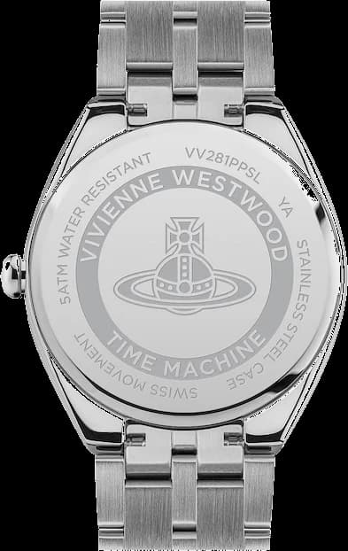 Attache bracelet Vivienne Westwood VV281PPSL en acier inoxydable argenté, maillons polis et satinés, fermoir déployant sécurisé