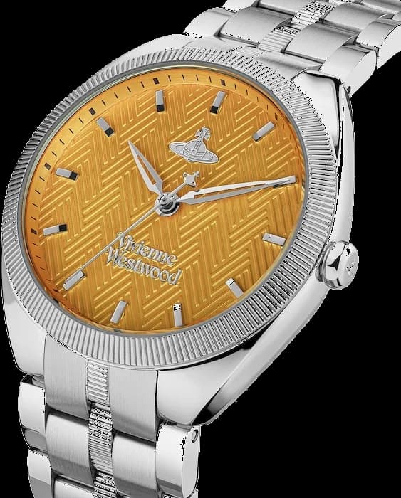 Visage cadran Vivienne Westwood VV281TNSL aux aiguilles luminescentes, index appliqués et guichet date à 3h pour une lecture précise