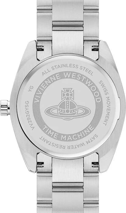 Visage cadran Vivienne Westwood VV292GYSG où index bâtons polis et aiguilles dauphines luminescentes encadrent date à 3h