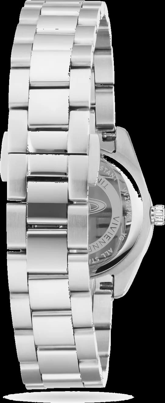 Visage cadran Vivienne Westwood VV292PKSL aux index bâtons et aiguilles argentées, finition satinée, lisibilité optimale