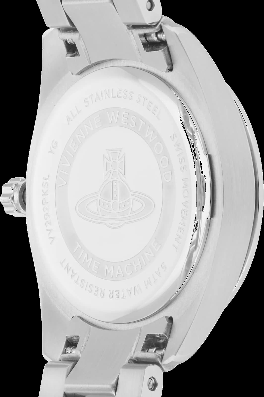 Attache bracelet Vivienne Westwood VV292PKSL en acier inoxydable argenté, maillons polis et satinés, fermoir déployant sécurisé